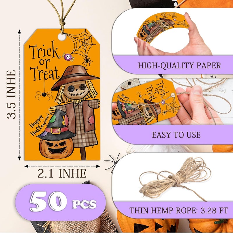 RPLCSPC Yellow Halloween Paper Gift Tags with String-50Pcs,Trick Or Treat for You Happy Halloween Tags for Goodie Bags, 2 x 3.5 Inch Waterproof Hanging Labels for Decor Party Supplies, Gift Wrapping-B06 - Image 2